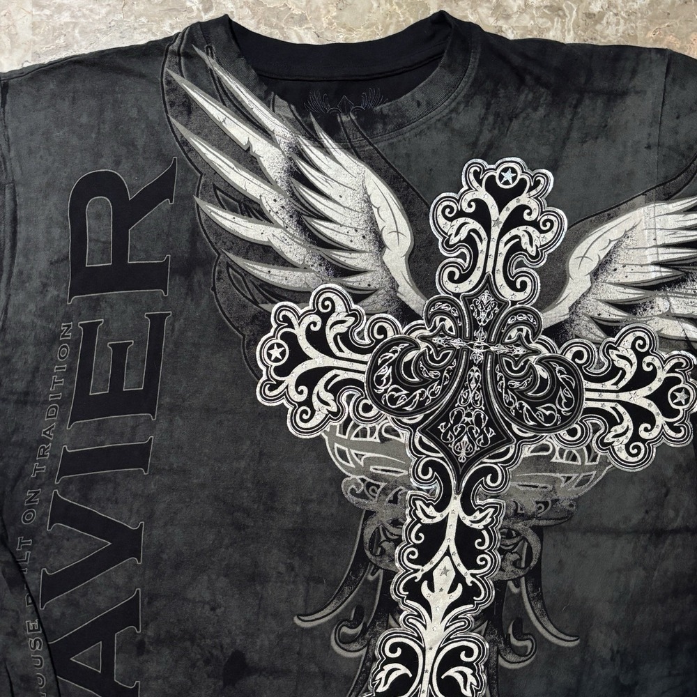 Xazvier Shirt Mens Large Grey Short Sleeve Wings Skulls Y2K Affliction